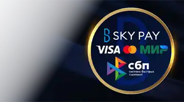 Изображение популярных платежных логотипов, таких как Visa, Mastercard и МИР, а также Sky Pay, подчеркивающее гибкость платежей в Казино Monro интернет-казино.